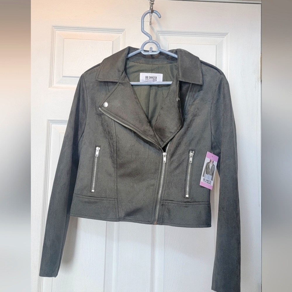 Faux Suede Moto Jacket, New with tags, Asymmetrical front zip green